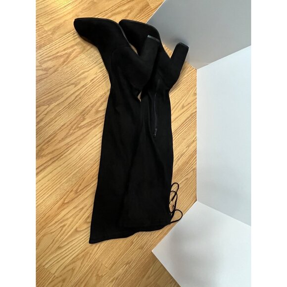 Over-The-Knee Black Suede Boots By Vepose Size 8 Block Heel Side Zipper & Tie Ba - Picture 2 of 5